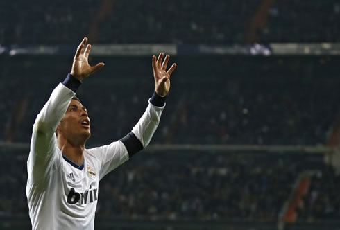 Cristiano Ronaldo doing a gesture with his hands and fingers to celebrate Real Madrid, as a dedication to his son, in La Liga 2013