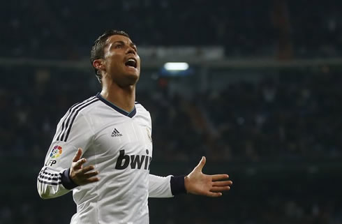 Cristiano Ronaldo asking Real Madrid fans what do they want more from him, after scoring a goal in La Liga 2012-2013