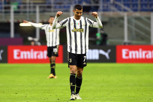 Cristiano Ronaldo celebrates Juventus win over AC Milan in 2021, for the Serie A