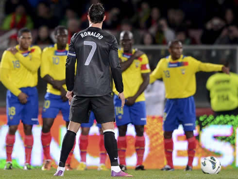 Cristiano Ronaldo getting ready to take a free-kick in Portugal 2-3 Ecuador, an international friendly game played in 2013