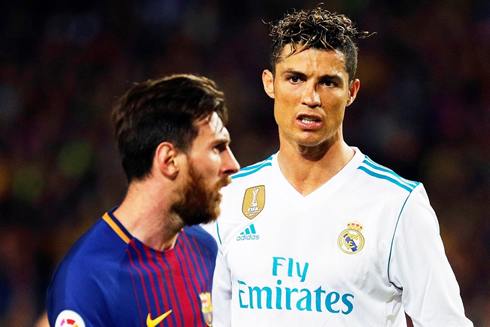 Cristiano Ronaldo looking at Messi in El Clasico in May of 2018