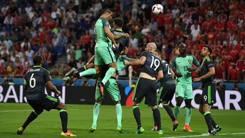 Cristiano Ronaldo leap and header goal, in Portugal 2-0 Wales for the EURO 2016