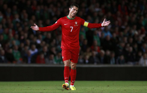 Cristiano Ronaldo opening his arms in protest, after a referee decision in Northern Ireland 2-4 Portugal, for the 2014 World Cup qualifiers