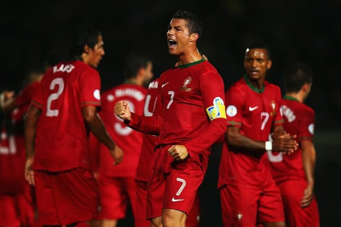 Cristiano Ronaldo showing his fist to the crowd, after scoring his first hat-trick for Portugal