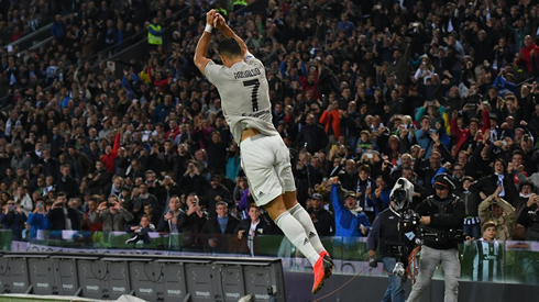 Cristiano Ronaldo jumping in style to make his trademark goal celebration for Juventus