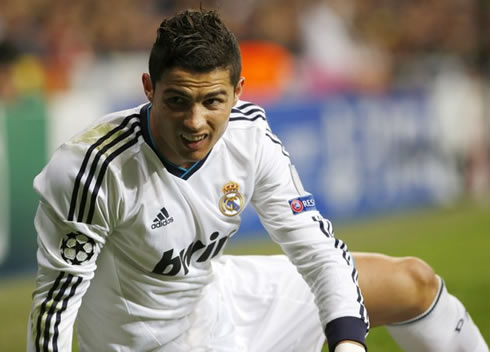 Cristiano Ronaldo showing his teeth as he gets up in Real Madrid home draw against Borussia Dortmund, at the UEFA Champions League in 2012-2013