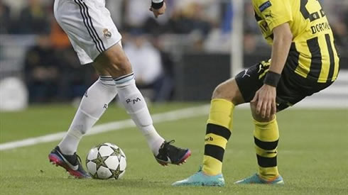 Cristiano Ronaldo close look-up at his new Nike boots Mercurial Vapor VIII CR7 edition, at the UEFA Champions League 2012-2013 match between Real Madrid and Borussia Dortmund