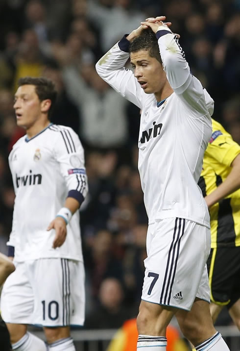 Cristiano Ronaldo puts his hands on his head after a blamant miss for Real Madrid against Borussia Dortmund, in 2012-2013