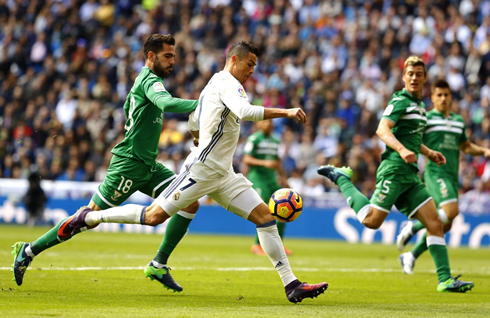 Cristiano Ronaldo preparing to strike the ball in Real Madrid 3-0 Leganes for La Liga 2016-17