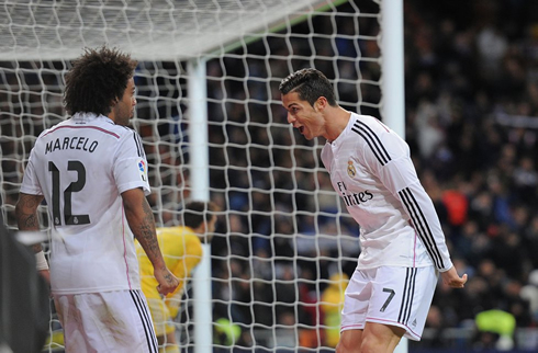 Cristiano Ronaldo funny reaction in front of Marcelo, right after he scored an hat-trick in Real Madrid 3-0 Celta de Vigo