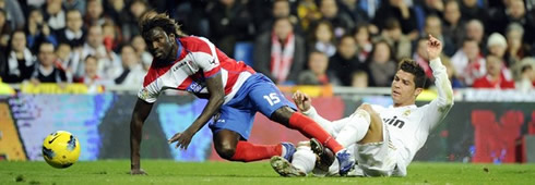 Cristiano Ronaldo tackling an opponent in Real Madrid 2011-2012