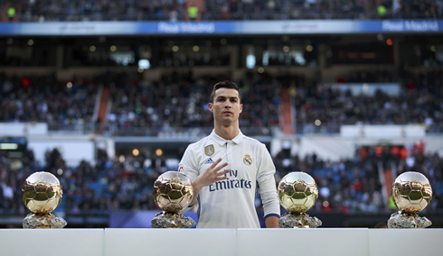 Cristiano Ronaldo presenting his 4 Ballon d'Ors