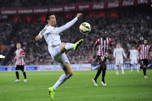 Cristiano Ronaldo raises his foot in order to attempt to control a long pass, in a fixture between Athletic Bilbao and Real Madrid in 2015