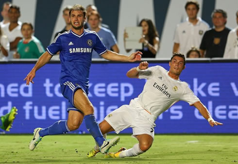 Cristiano Ronaldo sending a cross with Ivanovic guarding him close, in Real Madrid vs Chelsea