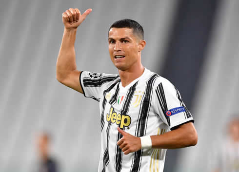 Cristiano Ronaldo putting his thumb up after scoring for Juventus in the Champions League in 2020