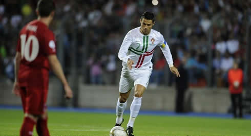 Cristiano Ronaldo taking a free-kick for Portugal against Luxembourg, in the 2014 FIFA World Cup qualifiers