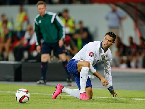 Cristiano Ronaldo staring the ball, in a EURO 2016 qualifier between Albania and Portugal