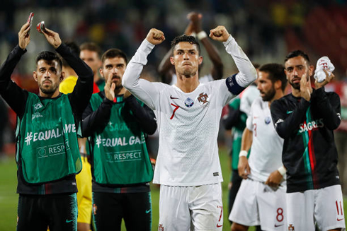 Cristiano Ronaldo celebrating Portugal win with the Portuguese fans in the stands