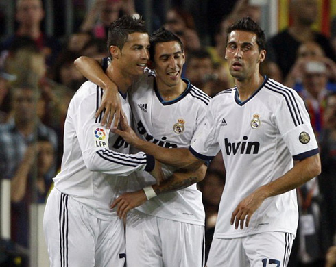 Cristiano Ronaldo celebrating goal with Angel di María and Alvaro Arbeloa, in Barcelona vs Real Madrid for La Liga 2012-2013