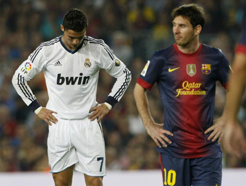 Cristiano Ronaldo and Messi both looking upset, in Barcelona 2-2 Real Madrid, for the Spanish League 2012-2013