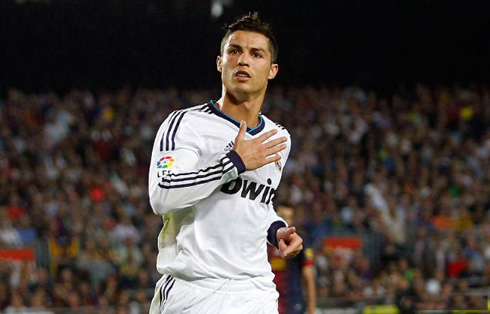Cristiano Ronaldo hitting his own chest as he celebrates Real Madrid goal at the Camp Nou, against Barcelona in 2012-2013