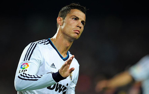 Cristiano Ronaldo facing Barcelona fans and telling them to be relaxed and calm, after scoring a goal for Real Madrid, in La Liga 2012-2013