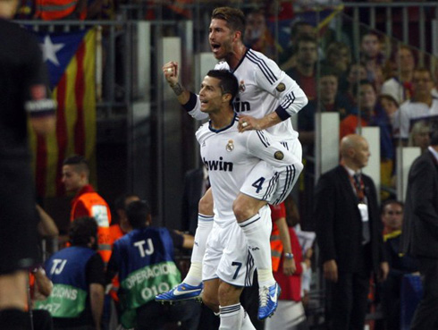 Sergio Ramos on Cristiano Ronaldo back, celebrating Real Madrid goal against Barcelona at the Camp Nou, for La Liga 2012-2013