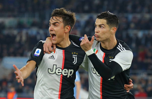Paulo Dybala and Cristiano Ronaldo celebrating a team goal in the Serie A 2019-2020