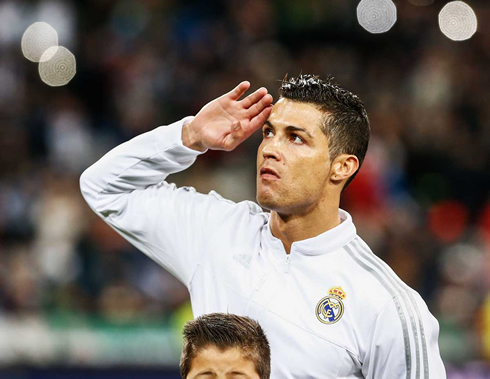 Cristiano Ronaldo saluting the fans in the stands during the Champions League hymn