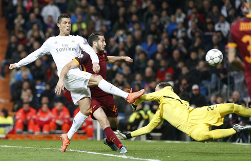 Cristiano Ronaldo scoring Real Madrid first goal against Roma in the Champions League last-16 stage in 2016