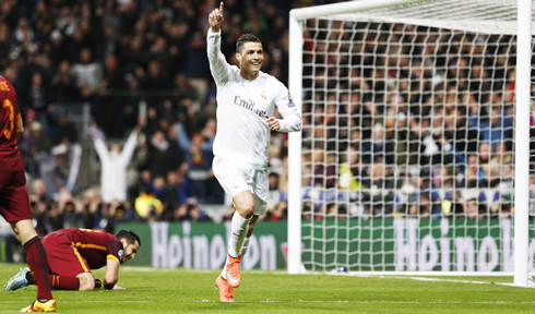 Cristiano Ronaldo showing his happy face after scoring a goal against AS Roma in 2016