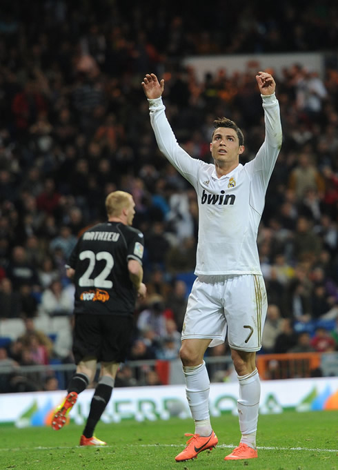 Cristiano Ronaldo looks to Irina Shayk and son in the crowd, after another miss from Real Madrid against Valencia