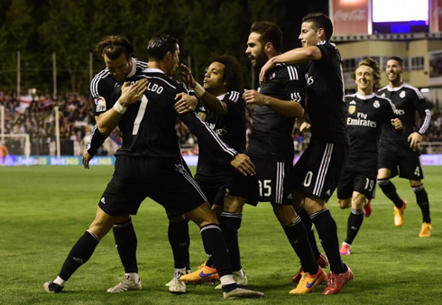 Cristiano Ronaldo celebrating with his Real Madrid teammates in a 0-2 win over Rayo Vallecano