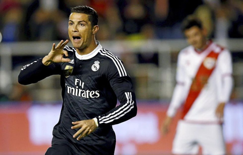 Cristiano Ronaldo making the stealing gesture, after scoring in Rayo Vallecano vs Real Madrid