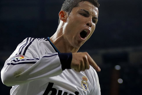 Cristiano Ronaldo exploding in a goal celebration at the Santiago Bernabéu, in 2013