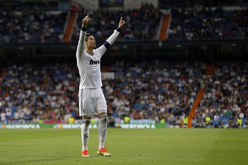 Cristiano Ronaldo dedicating the goal to his family members watching the game at the Santiago Bernabéu stands, in 2012-2013