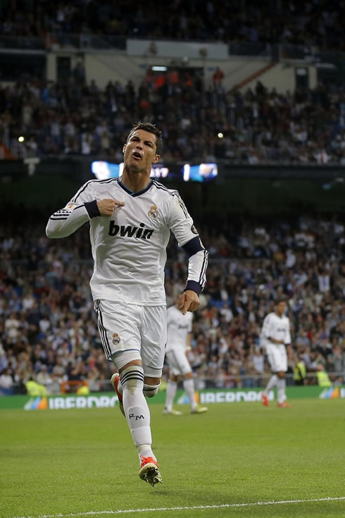 Cristiano Ronaldo pointing to himself in Real Madrid 2-1 goal celebration against Malaga, for the Spanish League 2013