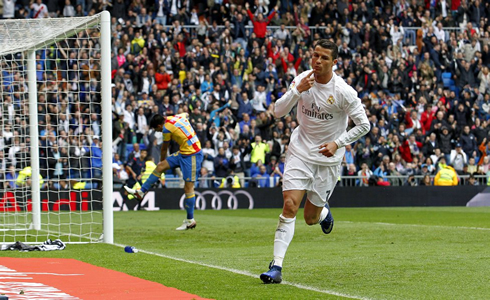 Cristiano Ronaldo after scoring a goal for Real Madrid against Valencia in La Liga