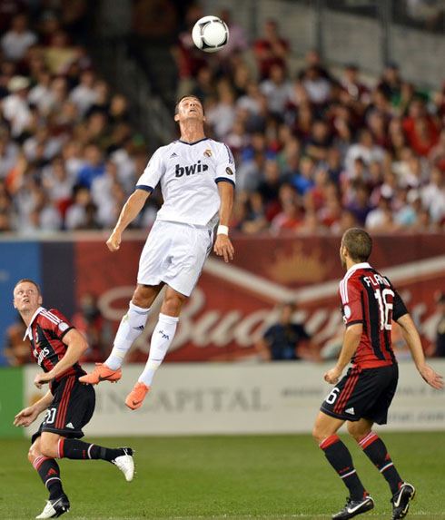 Cristiano Ronaldo reaching the peak on his jump, in Real Madrid vs AC Milan in the 2012-2013 pre-season