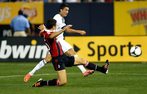 Cristiano Ronaldo superb goal from a left-foot strike, in Real Madrid 5-1 Milan, in 2012