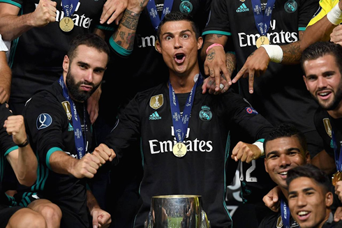 Cristiano Ronaldo shows his joy after winning the European Supercup for Real Madrid in 2017