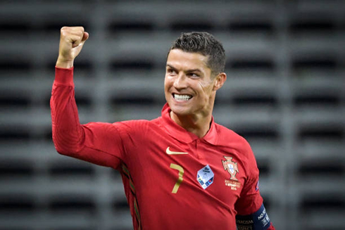 Cristiano Ronaldo celebrating his 100th goal for Portugal