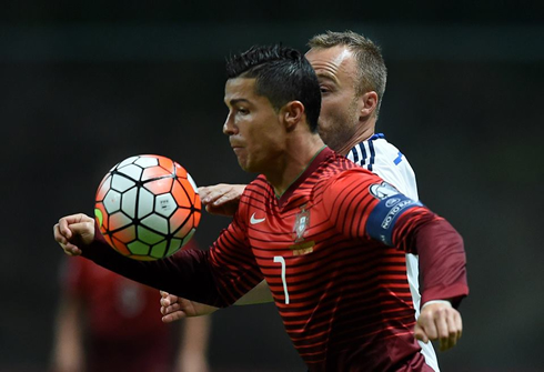 Cristiano Ronaldo tries to control the ball in Portugal vs Denmark, EURO 2016 qualifier