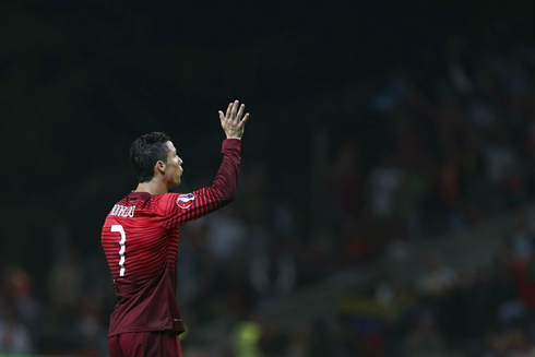 Cristiano Ronaldo turns to the crowd in Portugal 1-0 Denmark, at the Estádio Municipal de Braga