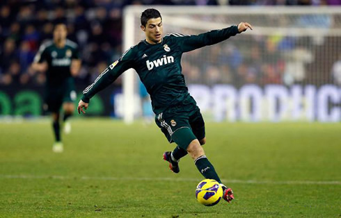 Cristiano Ronaldo in high speed controlling the ball with the outside part of his foot, in Real Madrid 2012-2013