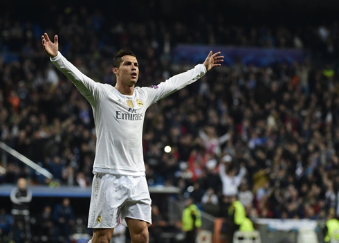 Cristiano Ronaldo stretches his two arms after scoring in Real Madrid 8-0 Malmo