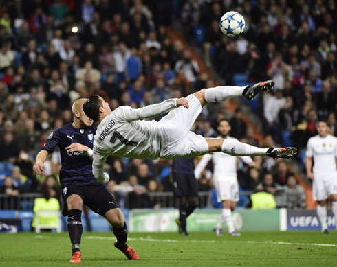 Cristiano Ronaldo goes for an acrobatic shot in a Champions League game between Real Madrid and Malmo