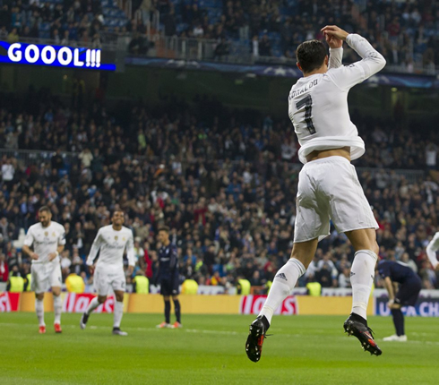 Cristiano Ronaldo jumping celebration after another goal for Real Madrid at the Santiago Bernabéu