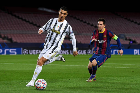 Cristiano Ronaldo playing against Messi in a Champions League game