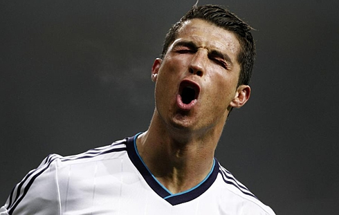 Cristiano Ronaldo closing his eyes and screaming of joy, in a Real Madrid game for the Spanish Copa del Rey, in 2013